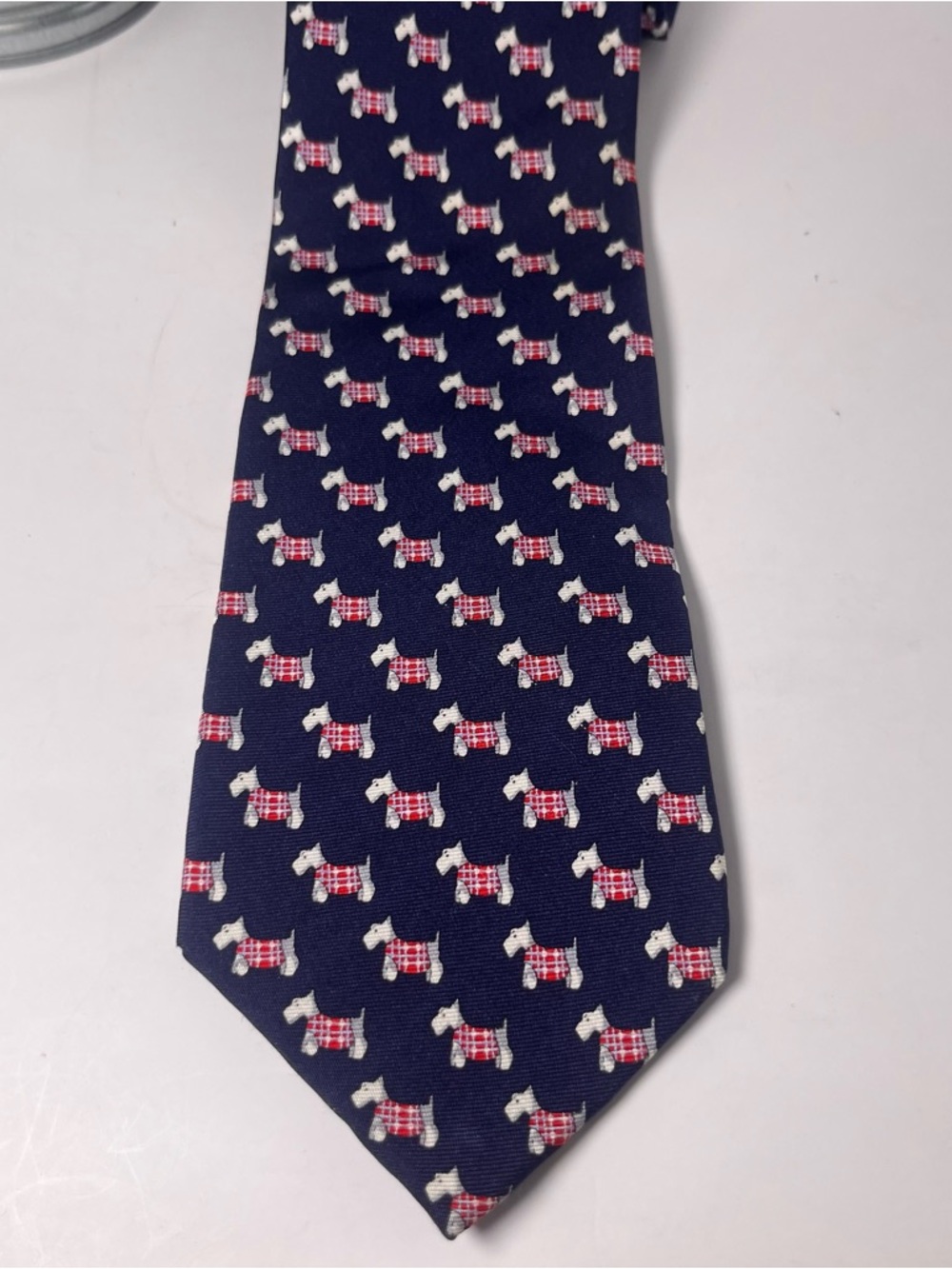 J. Crew Men’s Silk Tie Navy Blue with Red Plaid White Scottie Dog Pattern Preppy